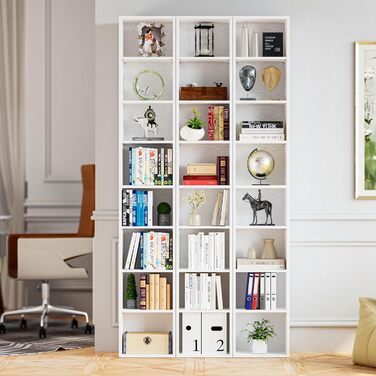 Біла книжкова полиця IRONCK, кубічна полиця з 8 полицями, вузька полиця для вітальні, офісу, спальні, кабінету, 23,6 x 30 x 180 см