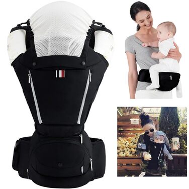 Чорний), 6 in 1 Clasical Baby Carrier Backpack 0-36 Months with 3PCS Baby Drool Bib, Convertible Baby Carrier (