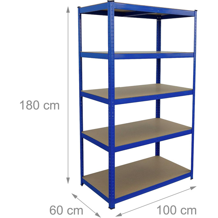 Міцний стелаж Relaxdays, ВxШxГ 180x100x60 см, вантажопідйомність 1250 кг, 5 полиць МДФ, полиця для зберігання в підвалі, вставного типу, синій