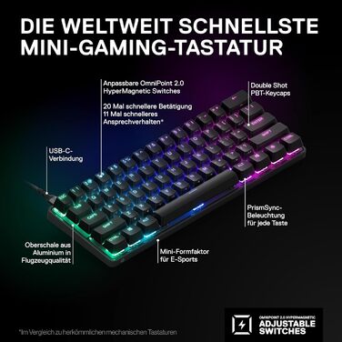 Гіпермагнітна ігрова клавіатура SteelSeries Apex Pro Mini HyperMagnetic Gaming - Найшвидша у світі - Налаштовувана реакція - 60 фо