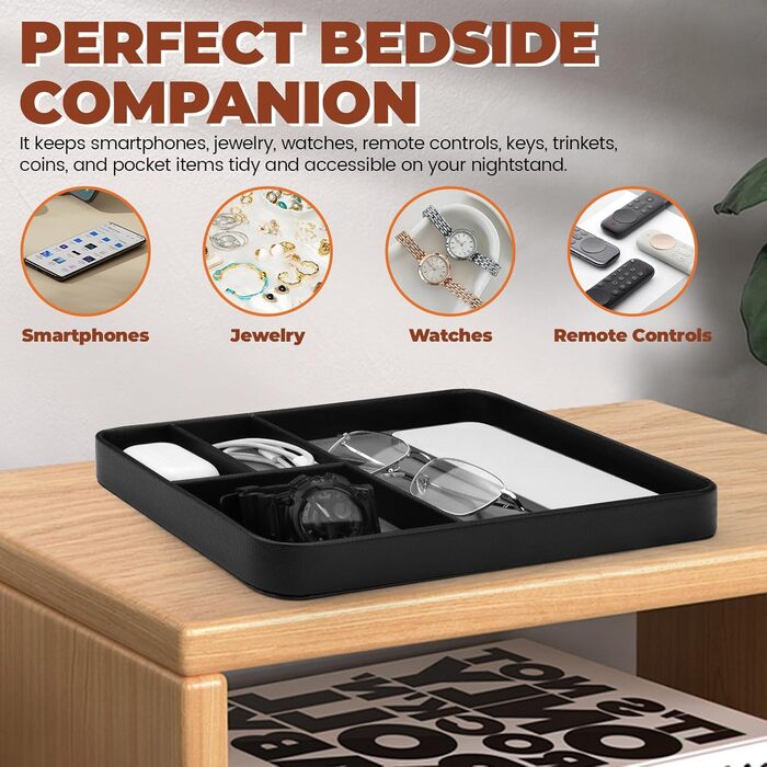 Чоловічий органайзер для столу, 4 відділення, високоякісна штучна шкіра, лоток для зберігання речей для всіх тумбочок, лоток для коштовностей, тумбочка для ключів, годинника, телефону, коштовностей, EDC, чорний