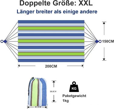 Гамак 200 х 150см великий Підвісний шезлонг бавовна 2 особи Двомісний гамак розміру XXL, вантажопідйомність до 200 кг Переносний з сумкою для перенесення для тераси, двору, саду, синьо-коричневого кольору