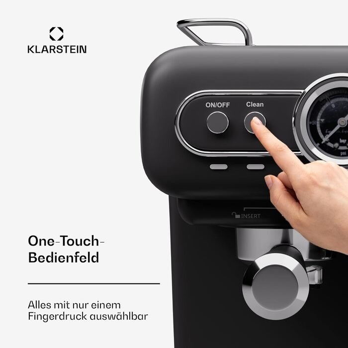Кавоварка Klarstein Espresso Portafilter з піноутворювачем, міні-еспресо-машина 1.2 л з портафільтром, кавомашина потужністю 1350 Вт маленька кавоварка з нержавіючої сталі для капучино, латте та макіато Black Espressionata evo milk