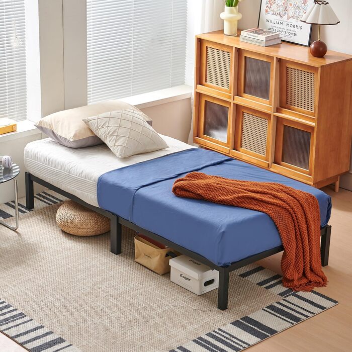 Каркас ліжка, що збирається без інструментів, 90 x 200 см з рейковою основою, міцний металевий каркас, пружинний матрац не потрібен, безшумне, односпальне ліжко, чорний колір