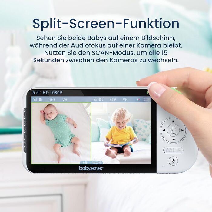 Монітор Babysense із камерою та 5,5-дюймовим дисплеєм із розділеним екраном 1080p Full HD, 2 камери, нічник RGB, велика батарея 50