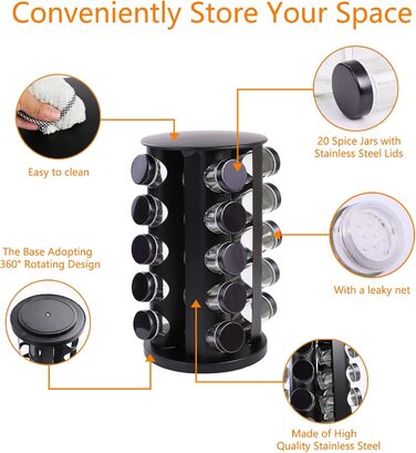 Поворотна на 360 підставка для спецій, чорна, органайзер для спецій, карусель для спецій з 20 банками для спецій, етикетками, ручкою, лійкою, кришками, підставками для спецій з нержавіючої сталі, зберігання спецій для кухонної стільниці