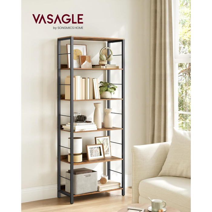 Рівнева книжкова полиця, полиця для зберігання, 30 x 60 x 178 см, із задніми панелями, для вітальні, кабінету, домашнього офісу, промисловий дизайн, вінтажний коричнево-чорний колір LLS118B01 6 рівнів (60 см), 6-