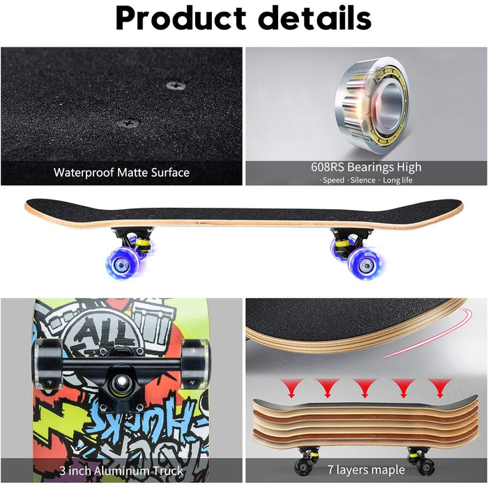 Повний скейтборд White-123 78.7 x 20.3 см - 8-шарова дека з клена, ABEC-11 підшипники, блискучі PU колеса, для дітей, підлітків та дорослих, білий дизайн