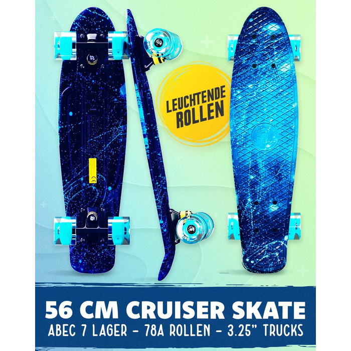 Скейтборд Deleven LED Galaxy Blue 56 см зі світлодіодними колесами ABEC-7 міні-круїзер для дітей дорослих початківців інструмент T-Tool у комплекті синій галактика пенні-борд з LED підсвічуванням оригінал 2025