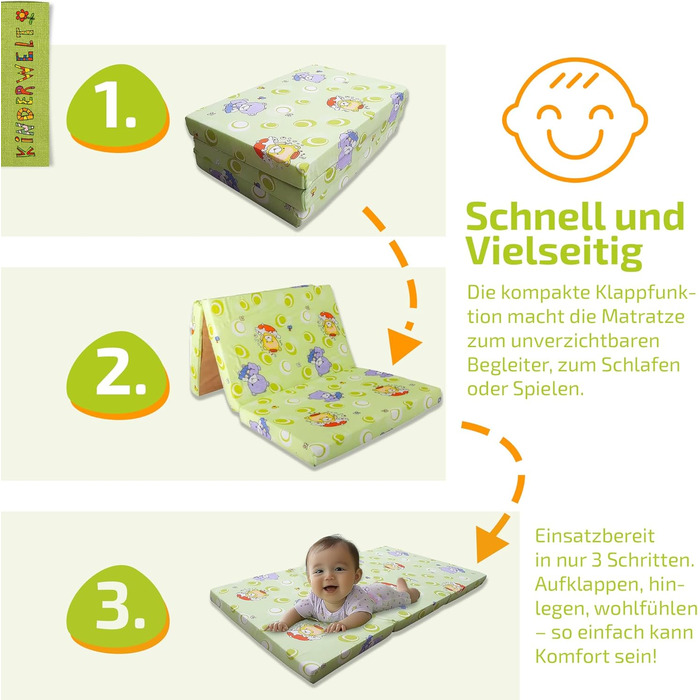 Дорожнє ліжечко Дитяче Дорожній Матрац 120x60 см, Зелений, Складаний Матрац, Пінопластовий Матрац для дітей з високоякісної холодної піни, Зроблено в Німеччині, Зелений 60 x 120 см