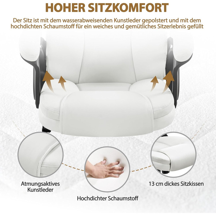 Офісне крісло Yaheetech, крісло керівника, ергономічне поворотне крісло з високою спинкою, комп&39ютерне крісло, зручне робоче крісло з регульованою висотою, офісне крісло зі штучної шкіри, піна високої щільності, функція гойдання, біле, біле, штучна шкір