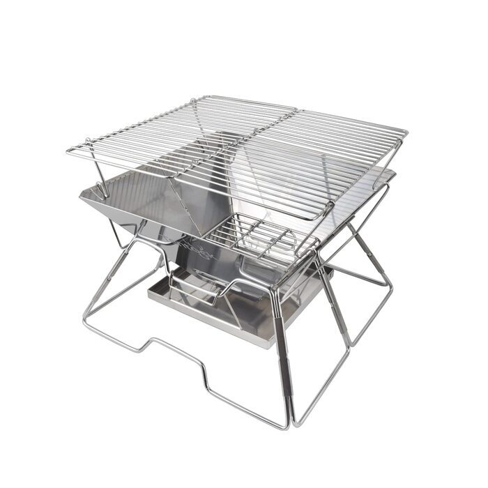 Портативний гриль на деревному вугіллі Tentock, гриль для пікніка, кемпінговий складаний гриль, нержавіюча сталь, відкритий плоский гриль для барбекю, вітрозахисний кемпінговий гриль з сумкою для перенесення для саду, походів, пікніка, риболовлі, срібляст