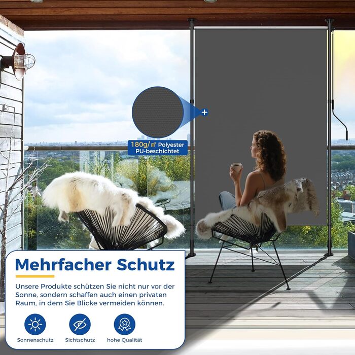 Вертикальна тентована маркіза для вулиці, Вертикальна тентована маркіза без свердління, Балконна жалюзі з ручним приводом, Ширма для забезпечення конфіденційності, Захист від сонця, Вітрозахист, Балкон та сад, 200 x (220-310) см, Ширина тканини 185,5 см, 