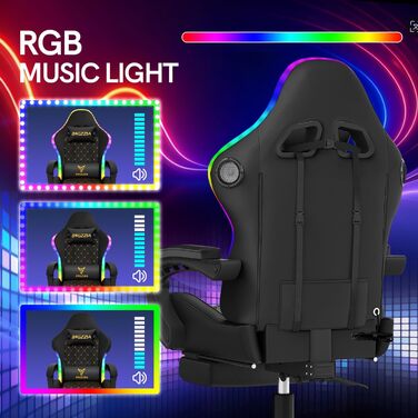 Ігрове крісло з RGB LED та Bluetooth-динаміком, ергономічне ігрове крісло з підставкою для ніг, підголівником, поперековою опорою, кутом нахилу 90135, ПК-крісло для підлітків та дорослих (чорне) Чорний колір зі світлодіодним підсвічуванням та Bluetooth
