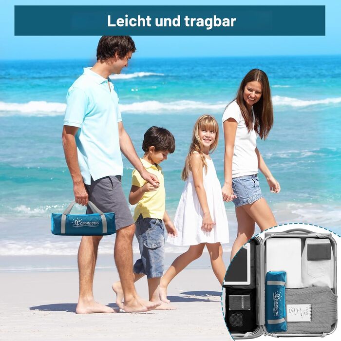 Пляжний намет COMMOUDS для 3-4 осіб, портативний пляжний намет із захистом від ультрафіолету 50, сімейний пляжний намет від сонця з 3 сітчастими вікнами, швидке складання, зручна парасолька для перенесення, для використання на вулиці 3 особами, синій