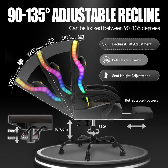 Ігрове крісло bigzzia з RGB LED - Ергономічне ігрове крісло з поперековою опорою та підставкою для ніг, регульоване та поворотне ігрове крісло зі штучної шкіри, 150 кг, чорне зі світлодіодним підсвічуванням