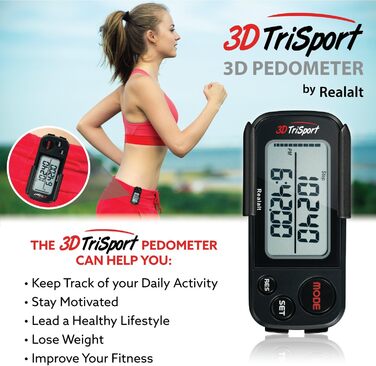 Крокомір Realalt 3DTriSport 3D із затискачем та ремінцем, в комплекті електронна книга 30-денна пам&39ять, точний крокомір, відстань ходьби в милях/км, лічильник калорій, щоденне відстеження часу тренувань (чорний)