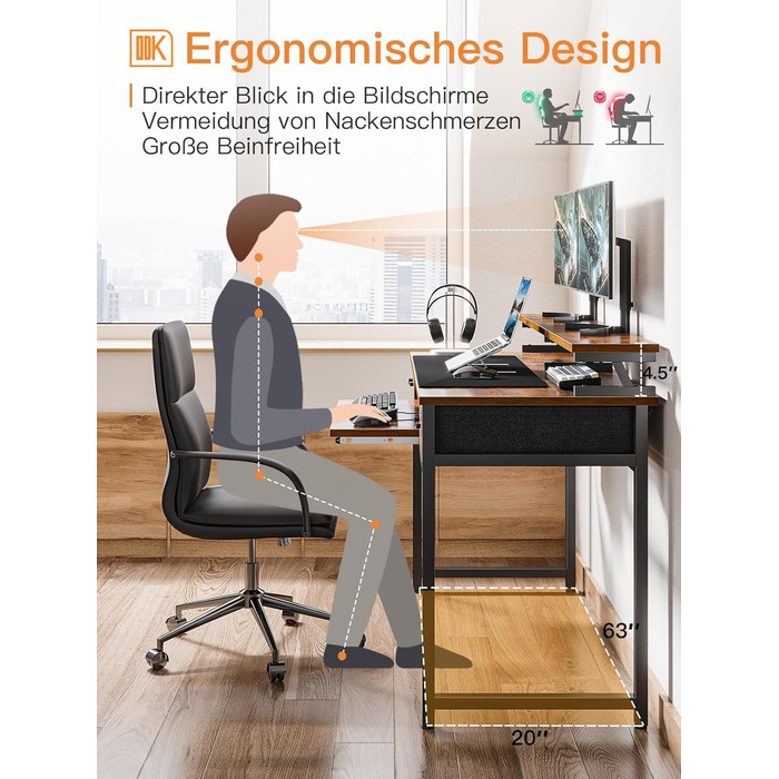 Стіл ODK з 2 шухлядами, комп'ютерний стіл з лотком для клавіатури, офісний стіл для ПК з регульованою по висоті полицею для моніто