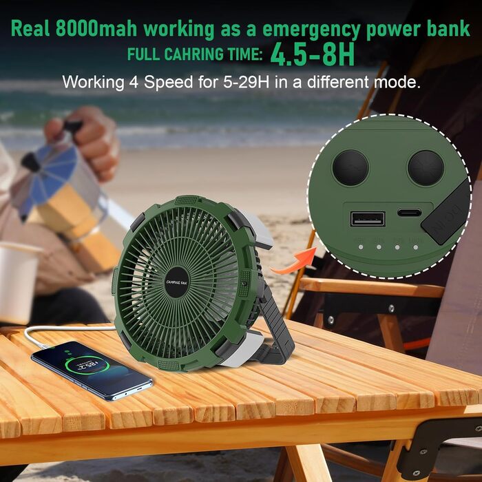 Вентилятор для кемпінгу Qoosea 3 IN 1 8000mAh Тихий вентилятор для кемпінгу зі світлодіодним підсвічуванням для намету Настільний USB-вентилятор з гачком Пульт дистанційного керування Портативний вентилятор для риболовлі на вулиці Автомобіль Домашній офіс