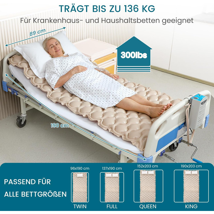 Протипролежневий матрац Kekoy з тихим насосом та водонепроникністю, для пролежнів I стадії, засіб для лікування пролежнів у лікарні, для дому, лікарняне ліжко, 190 x 91 см 200 x 90 см бежевий