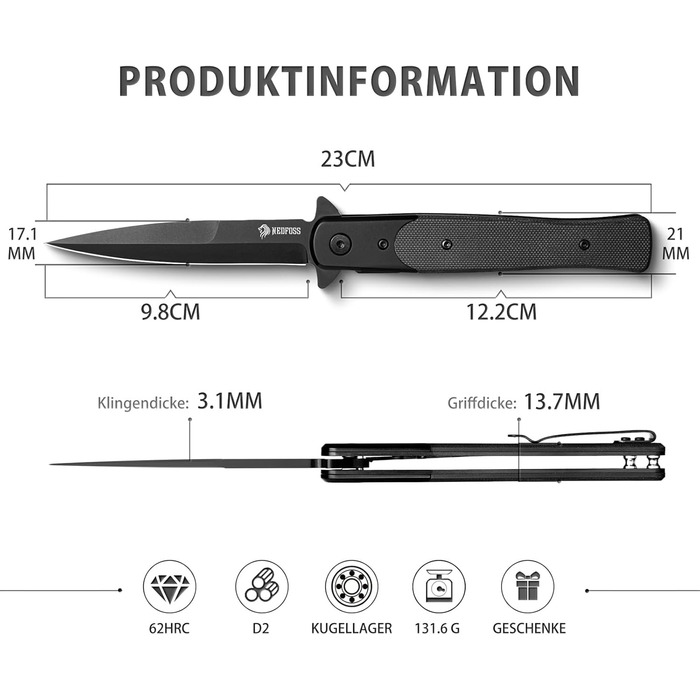 Складний ніж NedFoss MERMAID, кишеньковий ніж зі сталі D2 9,8 см з рукояткою G10, одноручний ніж з лайнерним замком і шарикопідшип