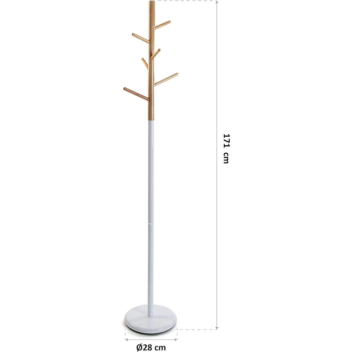 Мінімалістична вішалка для одягу Versa Malm для вхідної зони, з 9 гачками для одягу або сумок, розміри (В x Д x Ш) 171 x 28 x 28 см, метал та дерево, колір білий