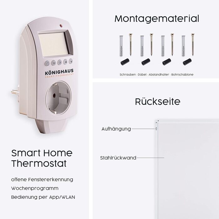 Інфрачервоний настінний обігрівач Knighaus - 1200 Вт, включаючи розумний термостат - Інфрачервоний обігрівач із сертифікацією TV SD та 5-річною гарантією - Подвійний захист від перегріву - Обігріває приміщення площею до 29 м - Готовий до використання нега