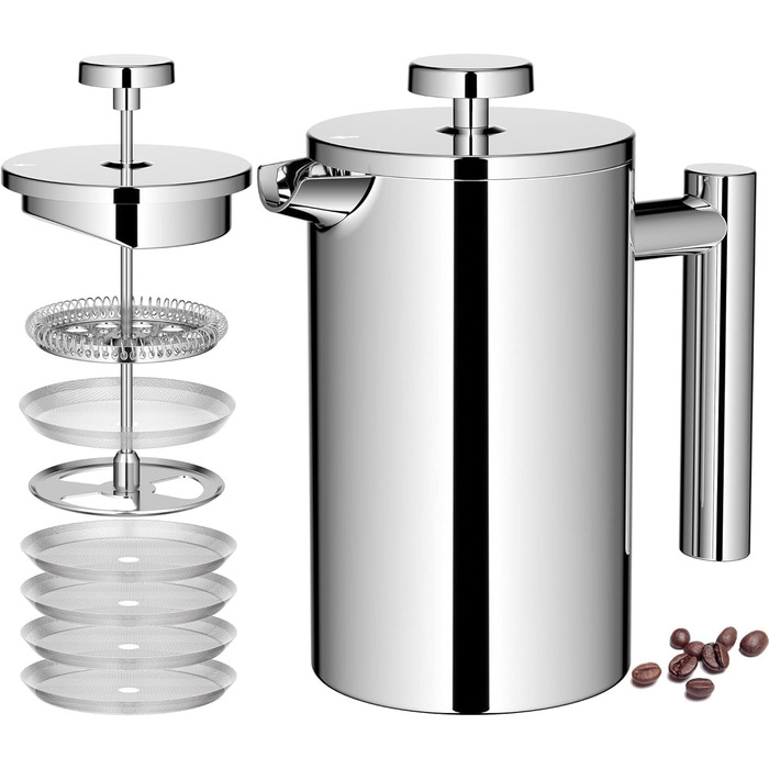 Кавоварка Wrobic French Press, френч-прес з нержавіючої сталі 21 унція з 3-рівневою системою фільтрації, френч-прес з подвійною ізоляцією з 3 фільтрами та 1 металевою ложкою 600 мл срібла