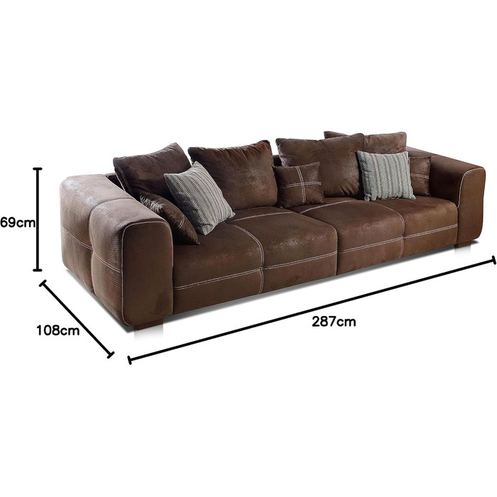 Великий диван Cavadore Mavericco / Великий м&39який диван з чохлом з мікрофібри під шкіру / У комплекті подушки для спинки та декоративні подушки / Розміри 287 x 69 x 108 см (Ш x В x Г) / Колір Антично-коричневий