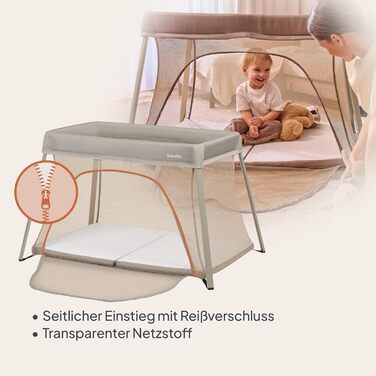 Дорожнє ліжечко/манеж Lionelo Alice 3-в-1 для дітей вагою від 0 до 15 кг, з поролоновим матрацом, 2 налаштування висоти, складне, компактне, легке, з боковим входом та бежевою дорожньою сумкою