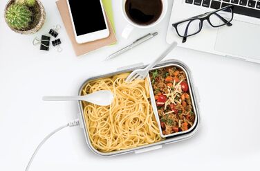 Електричний ланчбокс UNOLD 58850 - білий, 1,5 літра, пластик, для розігріву їжі в дорозі або в офісі, можна мити в посудомийній машині, знімний контейнер з нержавіючої сталі