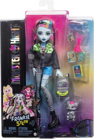 Лялька Monster High Френкі Штайн у джинсовій куртці та шортах, також включає її собаку Вотзі та аксесуари, такі як рюкзак, перекус та блокнот, HXH73