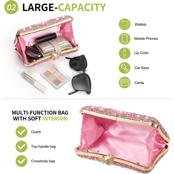 Вечірня сумочка для жінок, блискуче кришталеве клатч з ланцюжком на плече для весілля, вечора та вихідних, рожевий