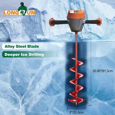 Льодовий шнек LONGRUN, 8-дюймовий земляний шнек з нековзною ручкою та змінними наборами лез, підходить для підлідної риболовлі, копання лунок - Червоний
