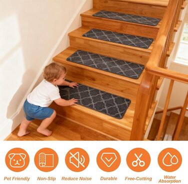 Килимків для сходів, 55 x 19 см, протиковзкі, самоклеючі, для приміщень, можна прати в пральній машині, самоклеючий килимок для сходів для дітей, людей похилого віку та домашніх тварин, 55 см x 19 см, темно-сірий, 15