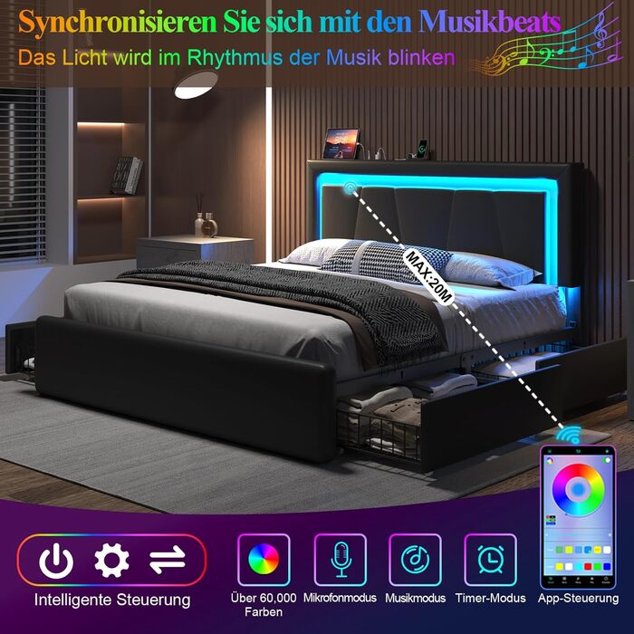 М&39яке ліжко 140 x 200 см з 4 шухлядами, світлодіодне освітлення, каркас ліжка 140 x 200 з регульованим узголів&39ям, зарядна станція, металева рейкова основа, легке складання, чорний колір 140 x 200 см