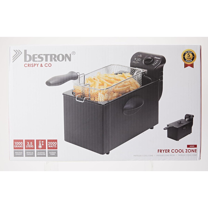 Масляна фритюрниця Bestron з технологією холодної зони, фритюрниця об'ємом 3,5 літра, плавно регульований регулятор температури до 190C, частково можна мити в посудомийній машині, 2000 Вт, колір Black Black Single