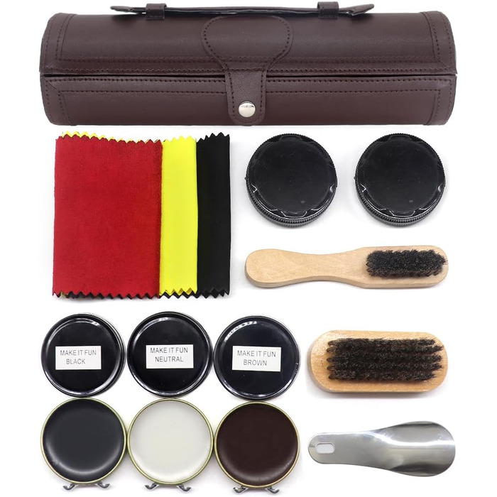 Набір для чищення взуття та набір із 12 предметів - набір для чищення шкіряного взуття з коричневим чорним воском, щітки для полірування взуття - компактний набір для чищення взуття