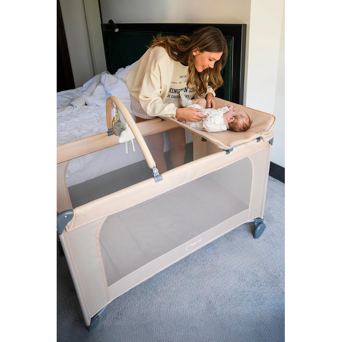 Дитяче та дитяче дорожнє ліжечко MoMi BELOVE PLUS 2-в-1, складне, 2 рівні для сну для немовлят до 9 кг та дітей до 15 кг з дитячим матрацом, ігровою ручкою, пеленальний килимок та сумка для перенесення, темно-зелений