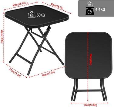 Складаний стіл eSituro, складний бічний столик, балконний стіл, кемпінговий стіл, садовий стіл, бістро-стіл, з металевим каркасом, прямокутна стільниця із загартованого скла, 46x46x48 см, чорний