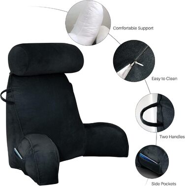 Подушка для читання - Оксамитова подушка для читання для сидіння в ліжку, для дорослих, подушка для спини для сидіння в ліжку з круглою подушкою, подушка для спини та підлокітників з підлокітником та кишенею та чохлом, що прається, чорна
