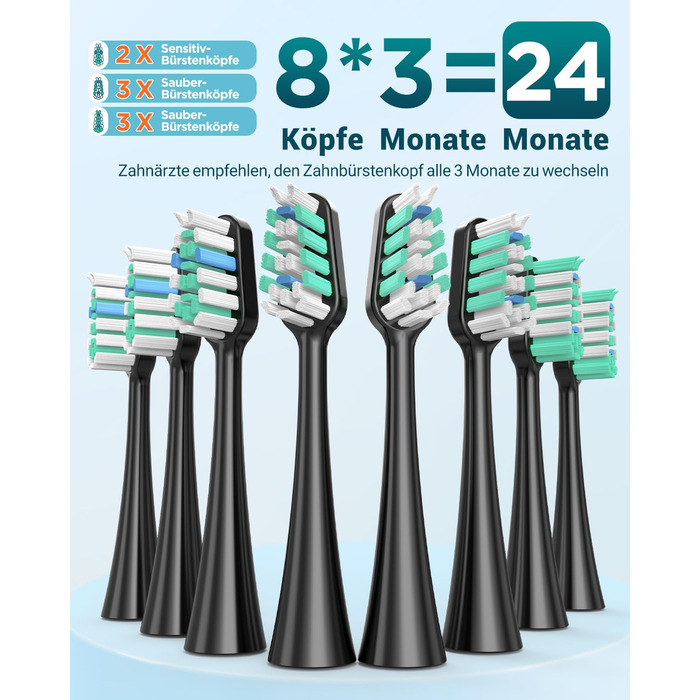 Електрична зубна щітка для дорослих і дітей звукова щітка з 8 насадками (3 типи), 90 днів роботи від акумулятора, 5 режимів, 50000 обертів на хвилину, дорожній футляр, таймер, чорний колір