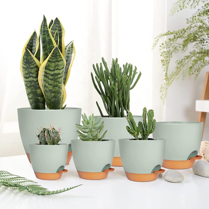 Пластиковий квітковий горщик з блюдцем 20,3/17,7/16,5/15,2/14/12,5 см, набір з 6 предметів, самополивний кашпо, горщик для трав, кухонний набір, кругле кашпо для балкону, сукуленти, кактуси, зелений