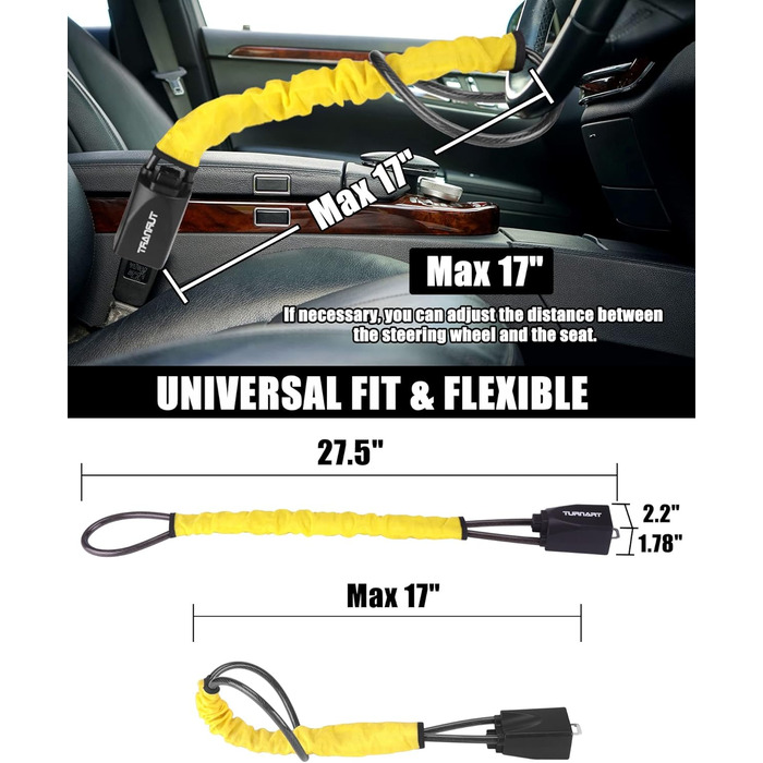 Кіготь керма Turnart, Блокування керма для автомобіля, Іммобілайзер автомобіля, Універсальна посадка для більшості транспортних засобів, Міцний замок для безпеки легкового автомобіля, вантажівки, позашляховика, фургона з 3 ключами (жовтий)