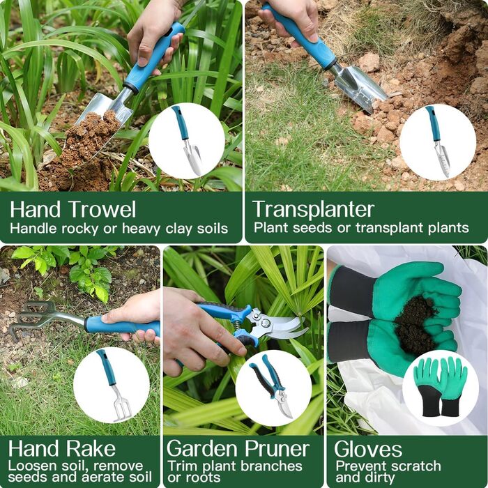 Набір садового інструменту Housolution, 8 предметів, міцний алюмінієвий сплав, з сумкою для зберігання з гумовим покриттям, ідеальний подарунок для садівників, синьо-чорний