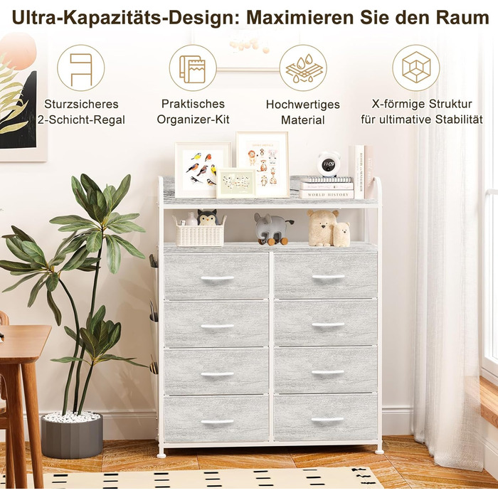 Комод, шафа, шафа для зберігання речей, 8 тканинних шухляд, 4 бічні кишені, 2-рівневі дерев&39яні полиці, скриня для спальні, вітальні, білий дуб, 8 шухляд з бічними кишенями