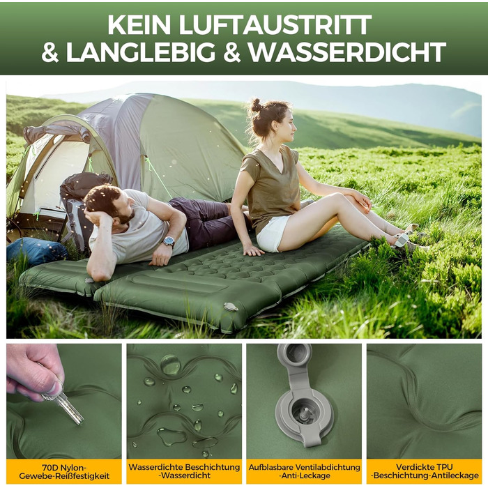 Килимок для сну NAPASA, потовщений надувний матрац 14 см із вбудованим насосом для ніг та подушкою, водонепроникний, килимок для сну з анти-ріпстопом для походів, пляжу, подорожей, намету (зелений) 2 шт., латково-синій