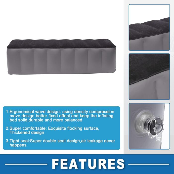 Надувний матрац для заднього сидіння автомобіля, подорожнє ліжко, чорно-сіре