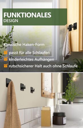 Рушникосушка 4smile без свердління, комплект з 6 шт. - Чорні гачки для рушників у ванній кімнаті як практичні клейкі гачки - Висок