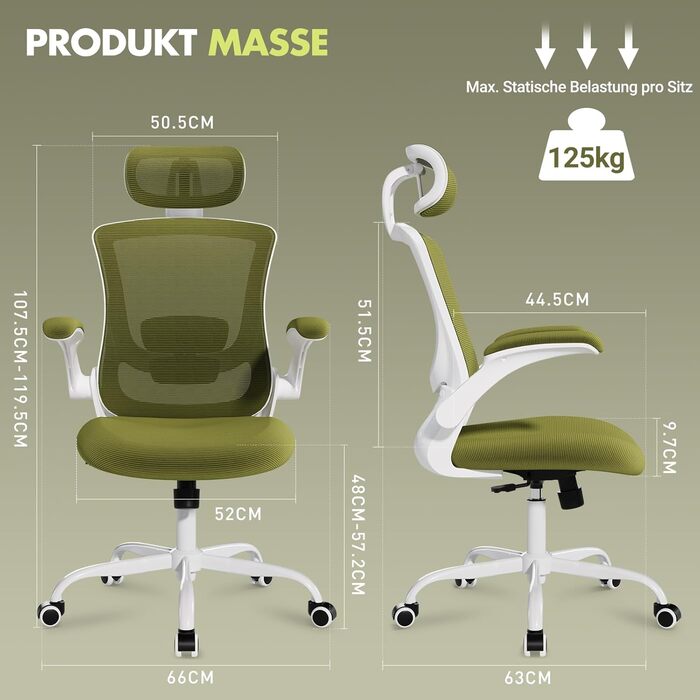 Офісне крісло COLAMY Mesh, комп&39ютерне крісло з регульованим підголівником та поперековою опорою, ергономічне робоче крісло з відкидними підлокітниками, функція нахилу 140, зелений класичний колір